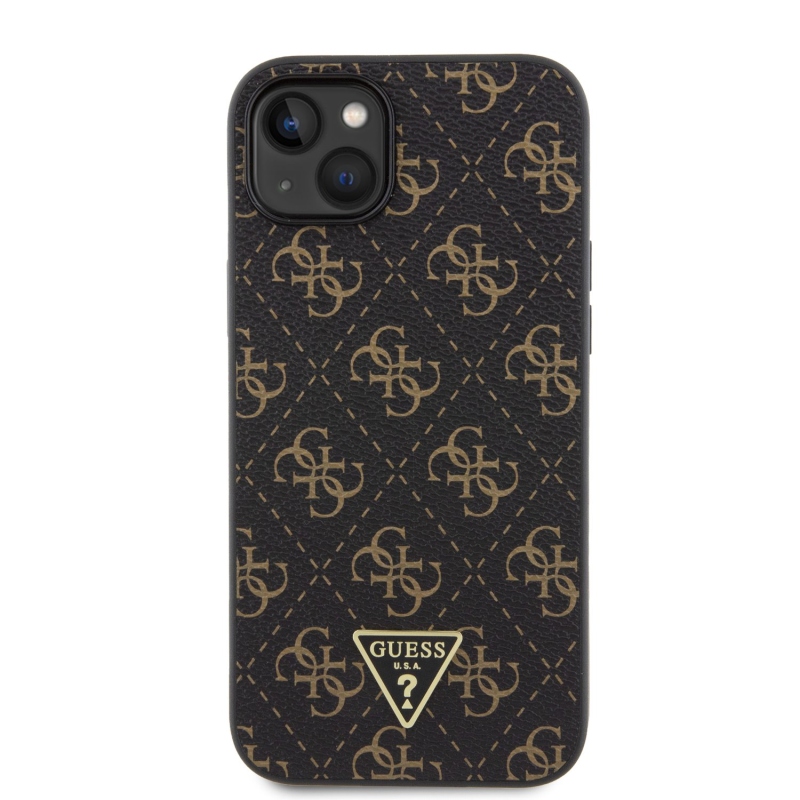 Guess PU 4G Triangle Metal Logo Zadní Kryt pro iPhone 15 Plus Black