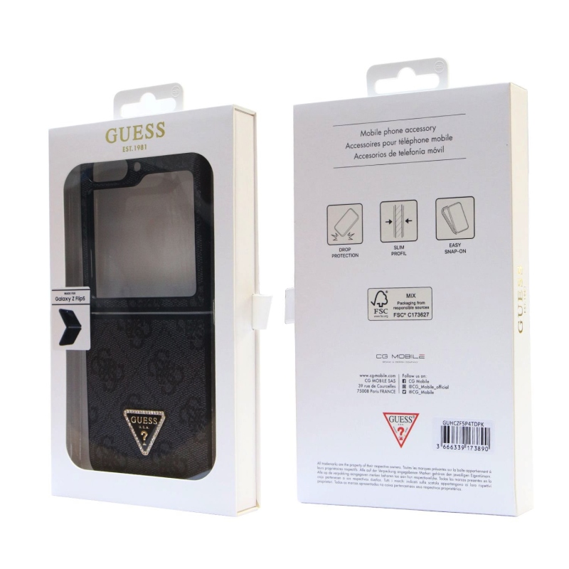 Guess 4G PU Leather Triangle Zadní Kryt pro Samsung Galaxy Z Flip 5 Black