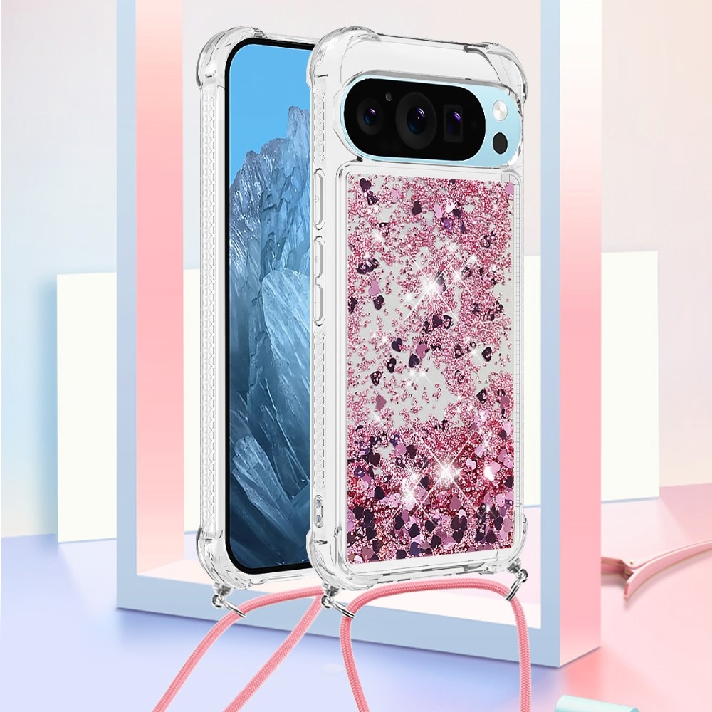 Glitters přesýpací gelový obal se šňůrkou na Google Pixel 10 Pro/Pixel 10 - růžovozlatý/srdíčka