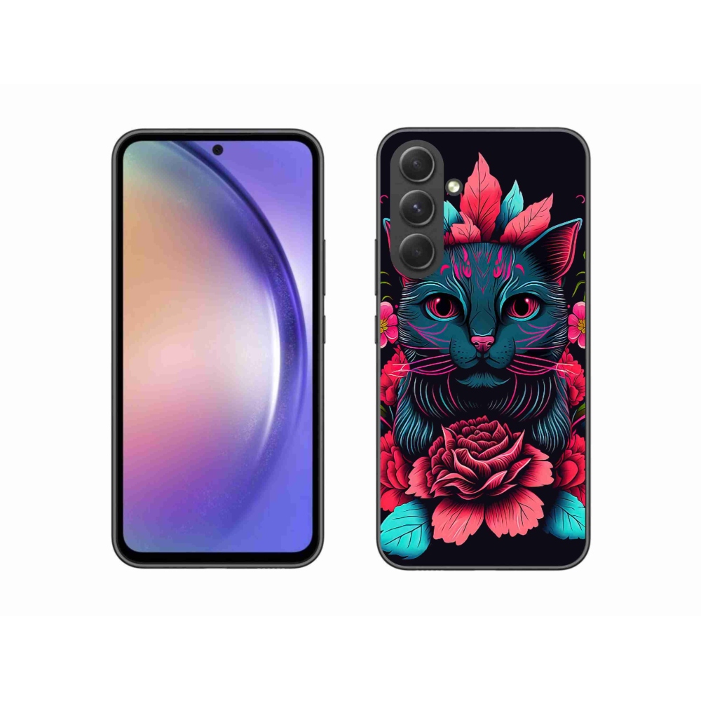 Gelový kryt mmCase na Samsung Galaxy A54 5G - květiny a kočka