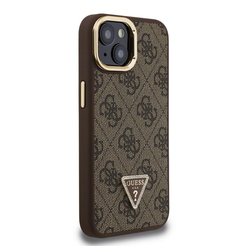Guess PU 4G Strass Triangle Logo Stand Camera Frame MagSafe Zadní Kryt pro iPhone 14 Brown