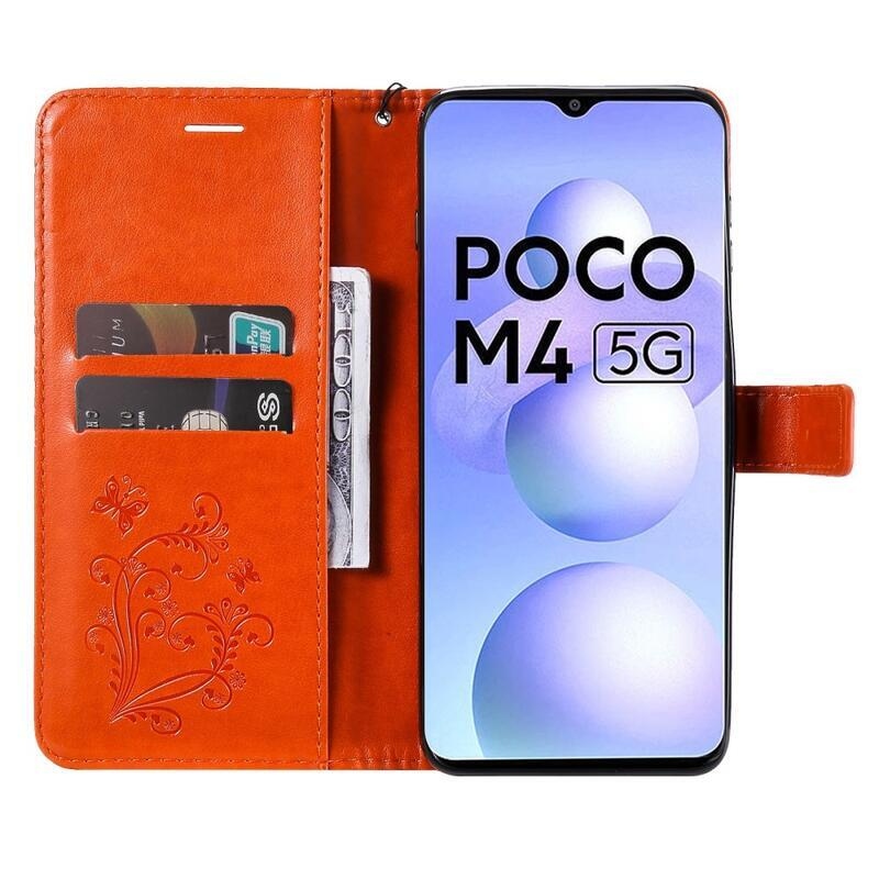 Big Butterfly peněženkové pouzdro pro mobil Xiaomi Poco M4 5G - oranžové