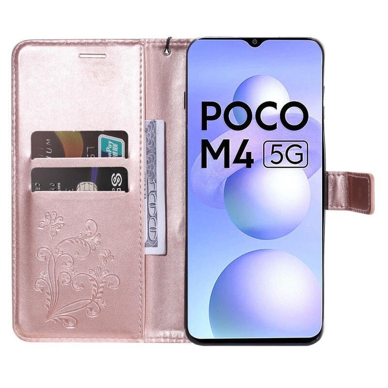 Big Butterfly peněženkové pouzdro pro mobil Xiaomi Poco M4 5G - růžovozlaté