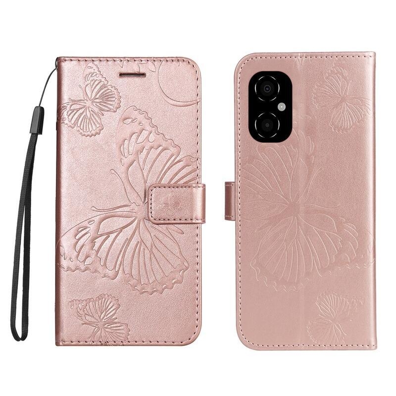 Big Butterfly peněženkové pouzdro pro mobil Xiaomi Poco M4 5G - růžovozlaté