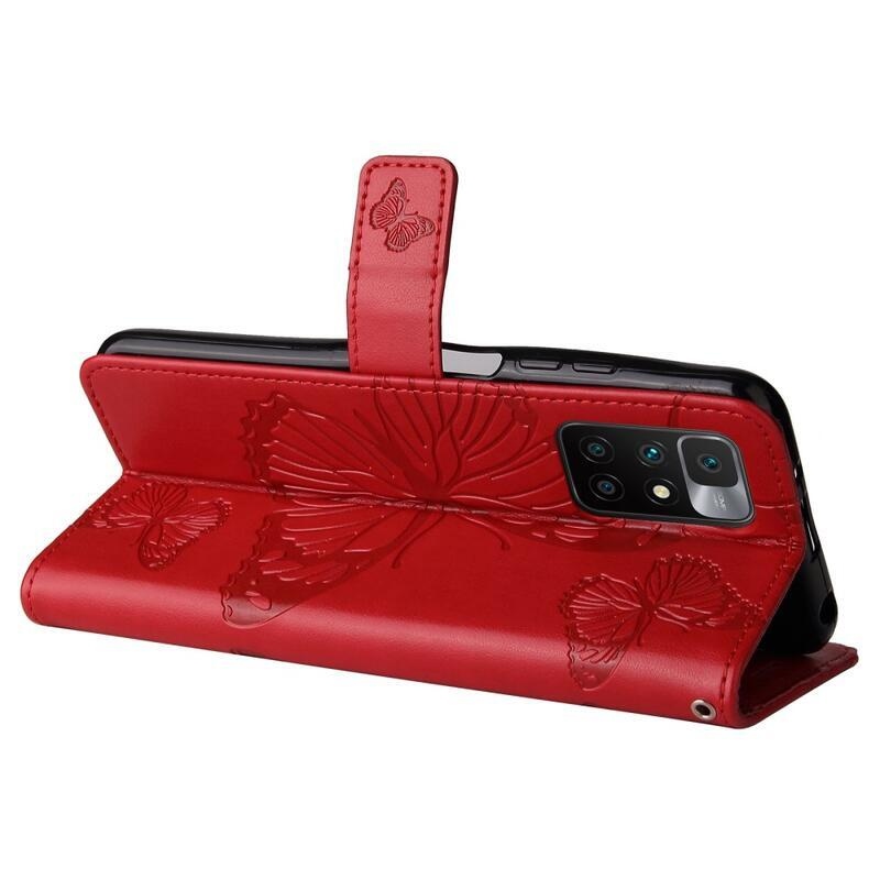 Big Butterfly PU kožené peněženkové pouzdro na mobil Xiaomi Redmi 10/Redmi 10 (2022) - červené