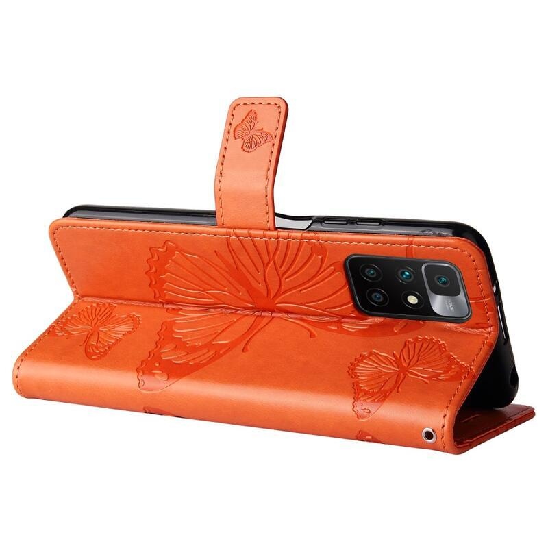 Big Butterfly PU kožené peněženkové pouzdro na mobil Xiaomi Redmi 10/Redmi 10 (2022) - oranžové