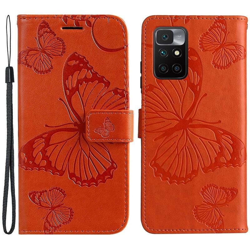 Big Butterfly PU kožené peněženkové pouzdro na mobil Xiaomi Redmi 10/Redmi 10 (2022) - oranžové