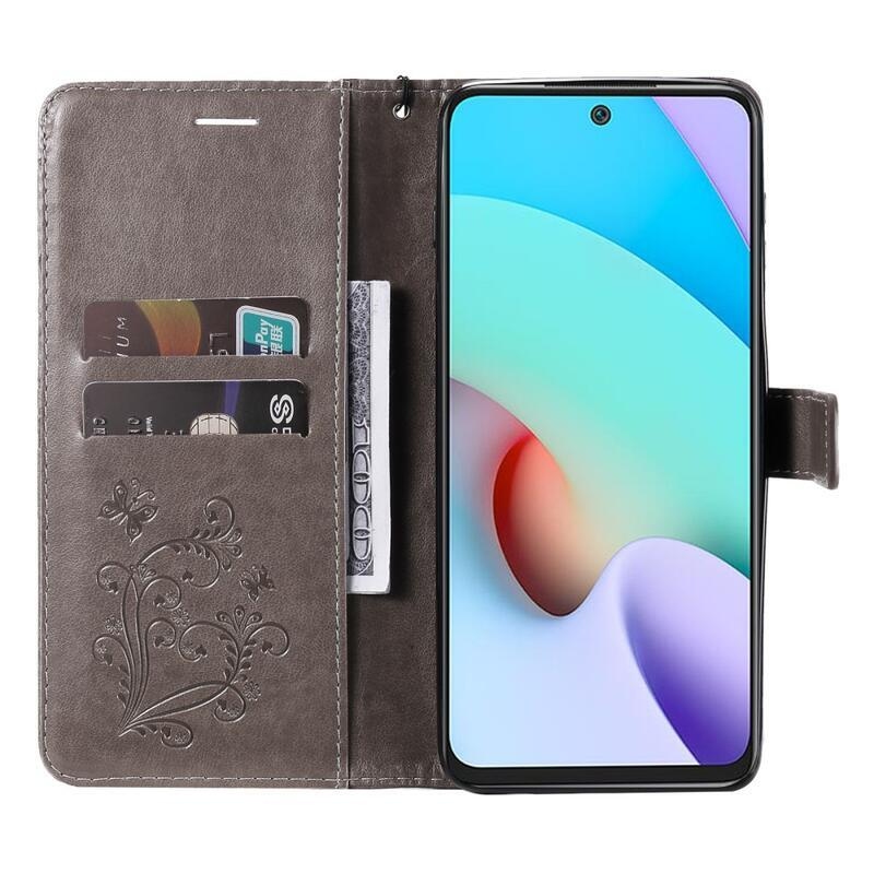 Big Butterfly PU kožené peněženkové pouzdro na mobil Xiaomi Redmi 10/Redmi 10 (2022) - šedé