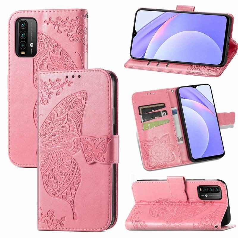 Big Butterfly PU kožené peněženkové pouzdro na mobil Xiaomi Redmi 9T/Poco M3 - růžové