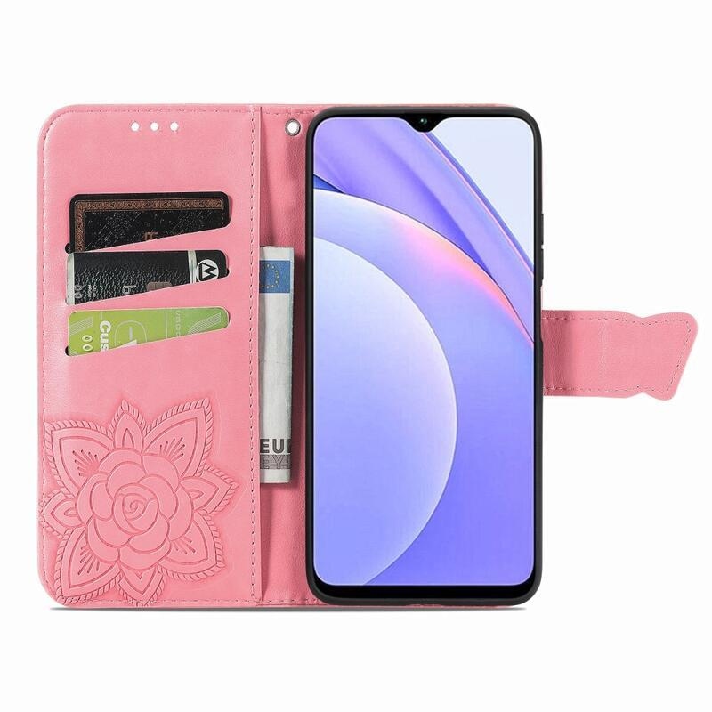Big Butterfly PU kožené peněženkové pouzdro na mobil Xiaomi Redmi 9T/Poco M3 - růžové