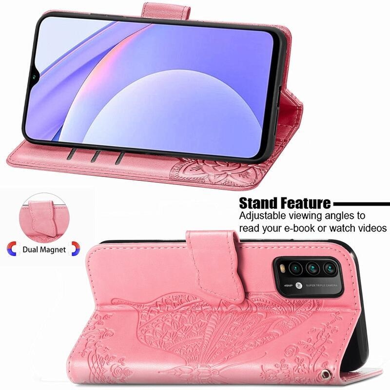 Big Butterfly PU kožené peněženkové pouzdro na mobil Xiaomi Redmi 9T/Poco M3 - růžové