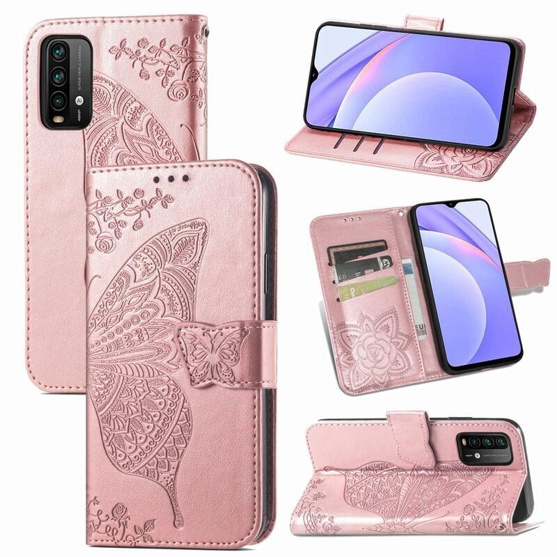 Big Butterfly PU kožené peněženkové pouzdro na mobil Xiaomi Redmi 9T/Poco M3 - růžovozlaté