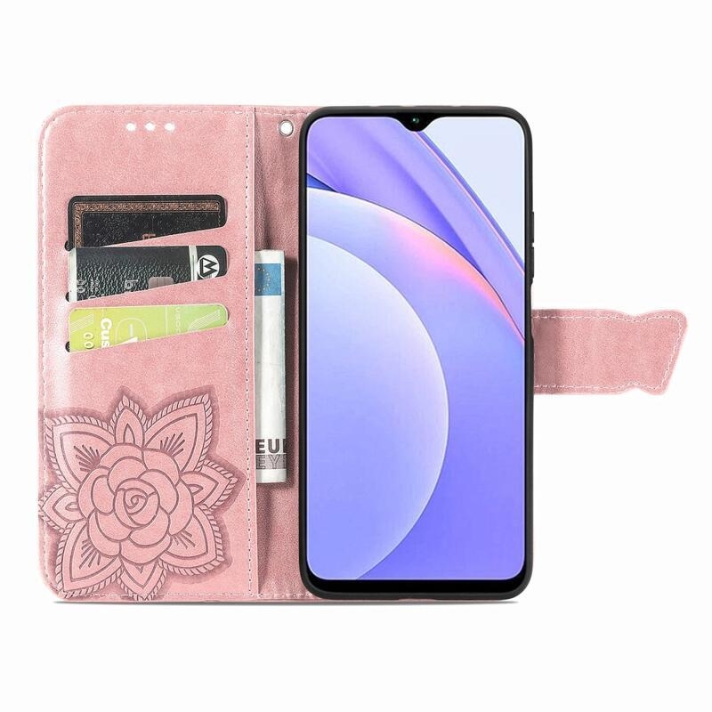 Big Butterfly PU kožené peněženkové pouzdro na mobil Xiaomi Redmi 9T/Poco M3 - růžovozlaté