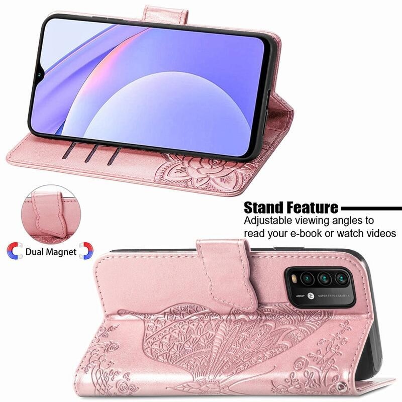 Big Butterfly PU kožené peněženkové pouzdro na mobil Xiaomi Redmi 9T/Poco M3 - růžovozlaté