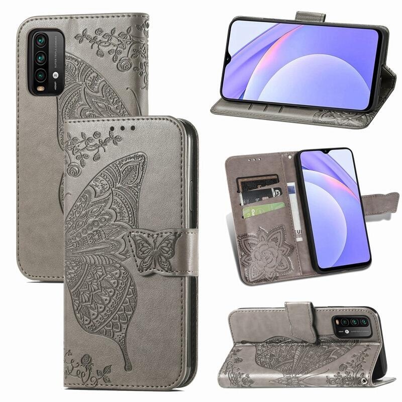Big Butterfly PU kožené peněženkové pouzdro na mobil Xiaomi Redmi 9T/Poco M3 - šedé