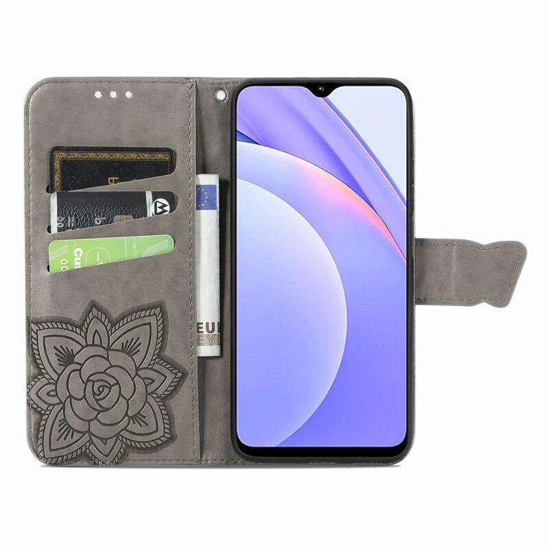 Big Butterfly PU kožené peněženkové pouzdro na mobil Xiaomi Redmi 9T/Poco M3 - šedé