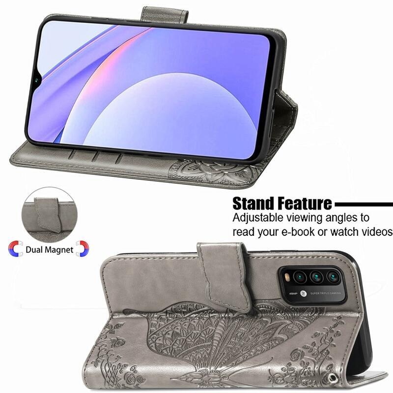 Big Butterfly PU kožené peněženkové pouzdro na mobil Xiaomi Redmi 9T/Poco M3 - šedé