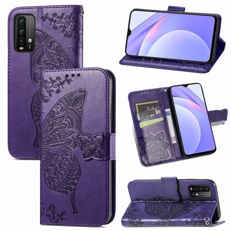 Big Butterfly PU kožené peněženkové pouzdro na mobil Xiaomi Redmi 9T/Poco M3 - tmavěfialové