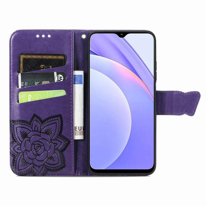 Big Butterfly PU kožené peněženkové pouzdro na mobil Xiaomi Redmi 9T/Poco M3 - tmavěfialové