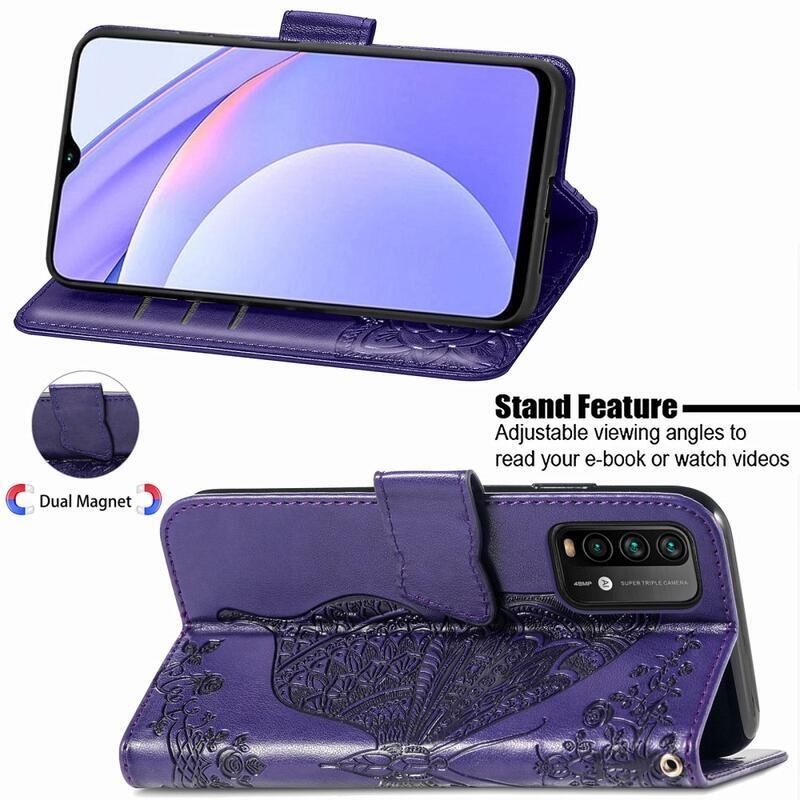 Big Butterfly PU kožené peněženkové pouzdro na mobil Xiaomi Redmi 9T/Poco M3 - tmavěfialové