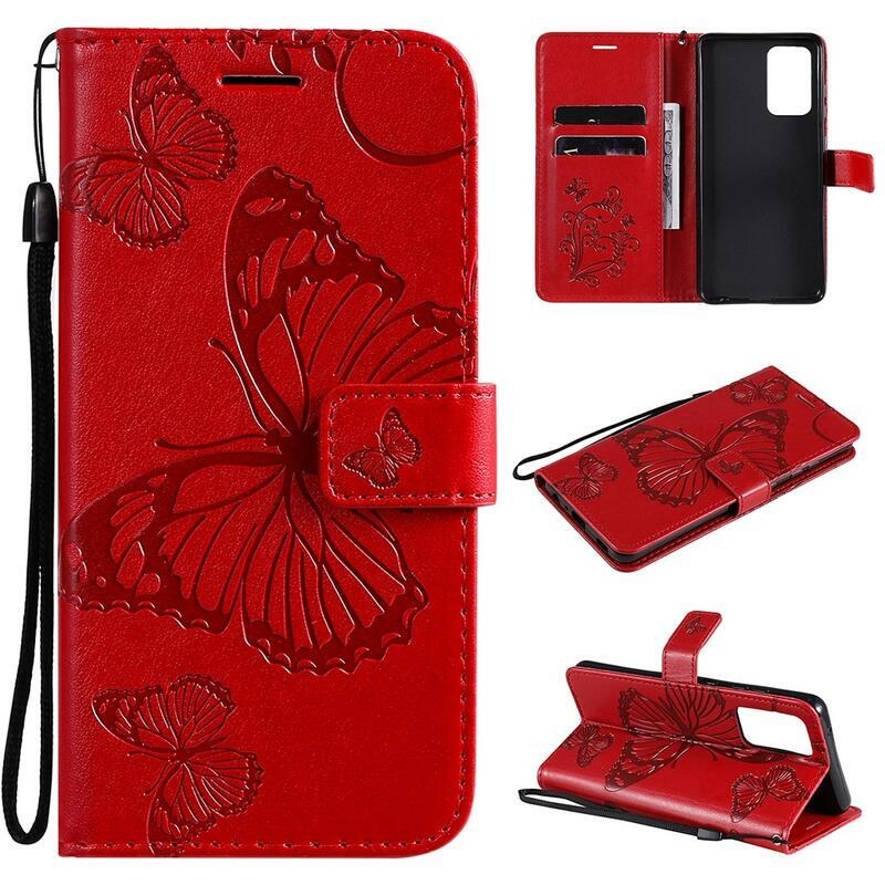 Big Butterfly PU kožené peněženkové pouzdro pro mobil Samsung Galaxy A52 5G/4G/A52s 5G - červené