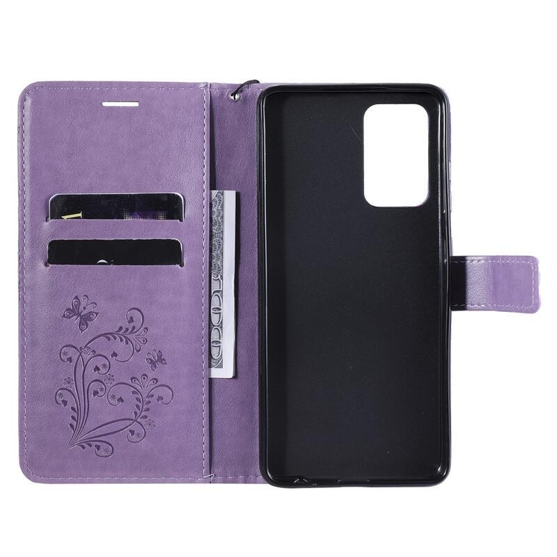 Big Butterfly PU kožené peněženkové pouzdro pro mobil Samsung Galaxy A52 5G/4G/A52s 5G - fialové