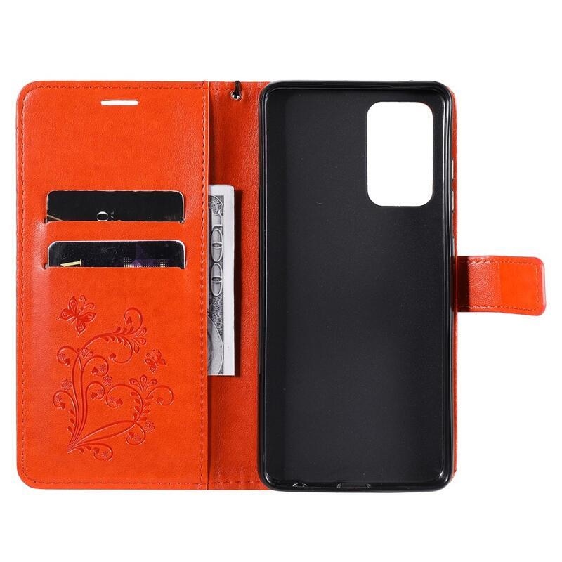 Big Butterfly PU kožené peněženkové pouzdro pro mobil Samsung Galaxy A52 5G/4G/A52s 5G - oranžové