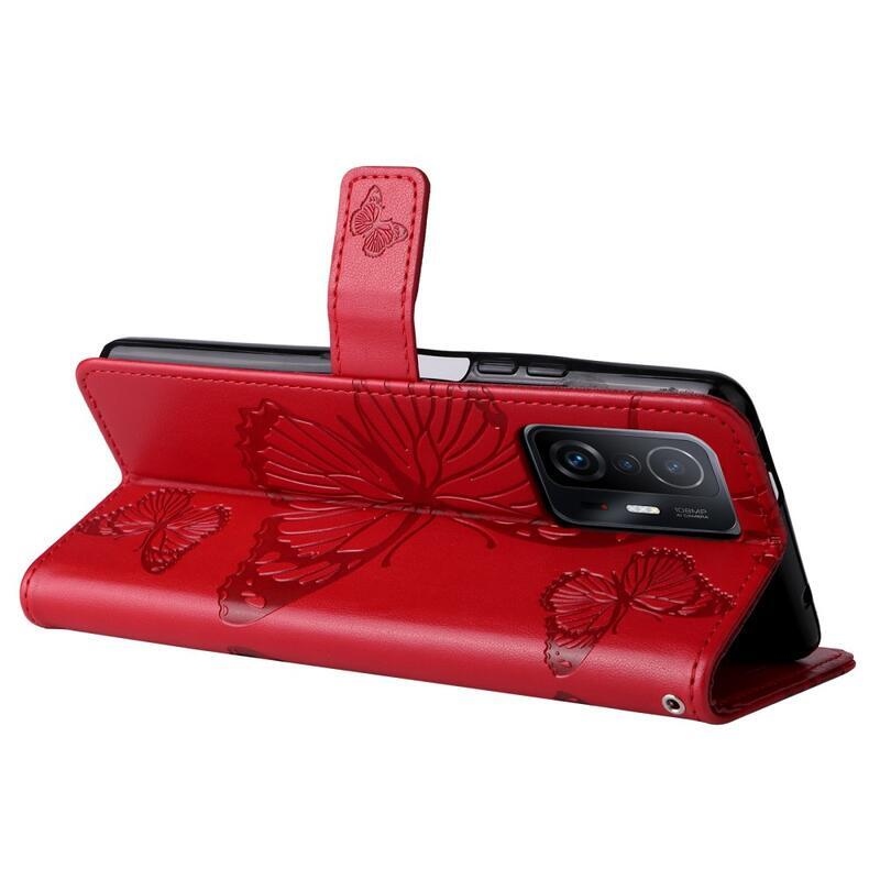 Big Butterfly PU kožené peněženkové pouzdro pro mobilní telefon Xiaomi 11T/11T Pro - červené