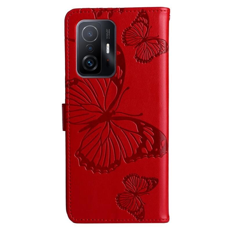 Big Butterfly PU kožené peněženkové pouzdro pro mobilní telefon Xiaomi 11T/11T Pro - červené