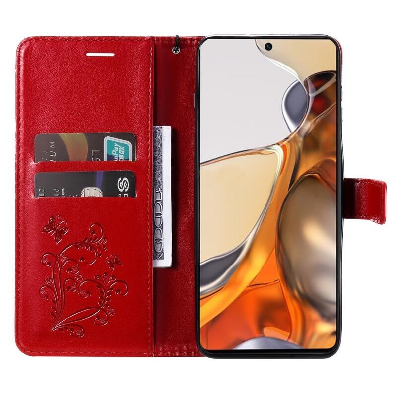 Big Butterfly PU kožené peněženkové pouzdro pro mobilní telefon Xiaomi 11T/11T Pro - červené