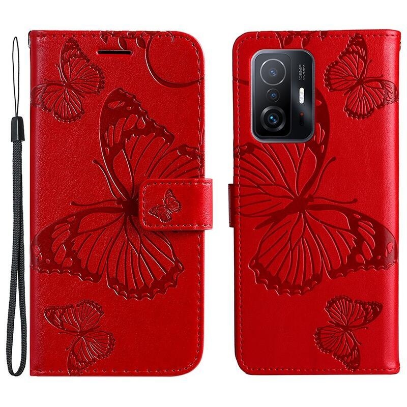Big Butterfly PU kožené peněženkové pouzdro pro mobilní telefon Xiaomi 11T/11T Pro - červené