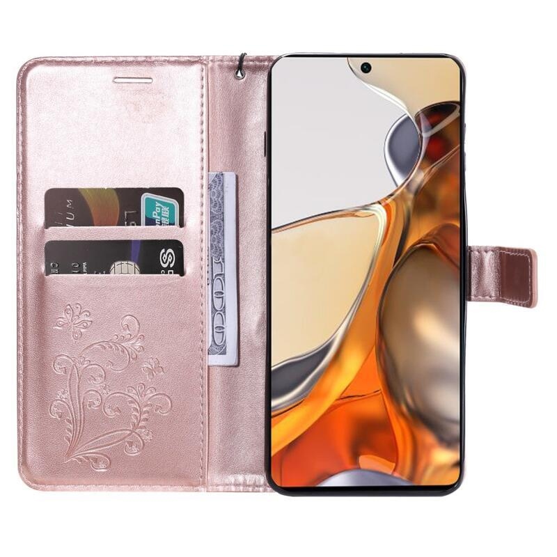 Big Butterfly PU kožené peněženkové pouzdro pro mobilní telefon Xiaomi 11T/11T Pro - růžovozlaté
