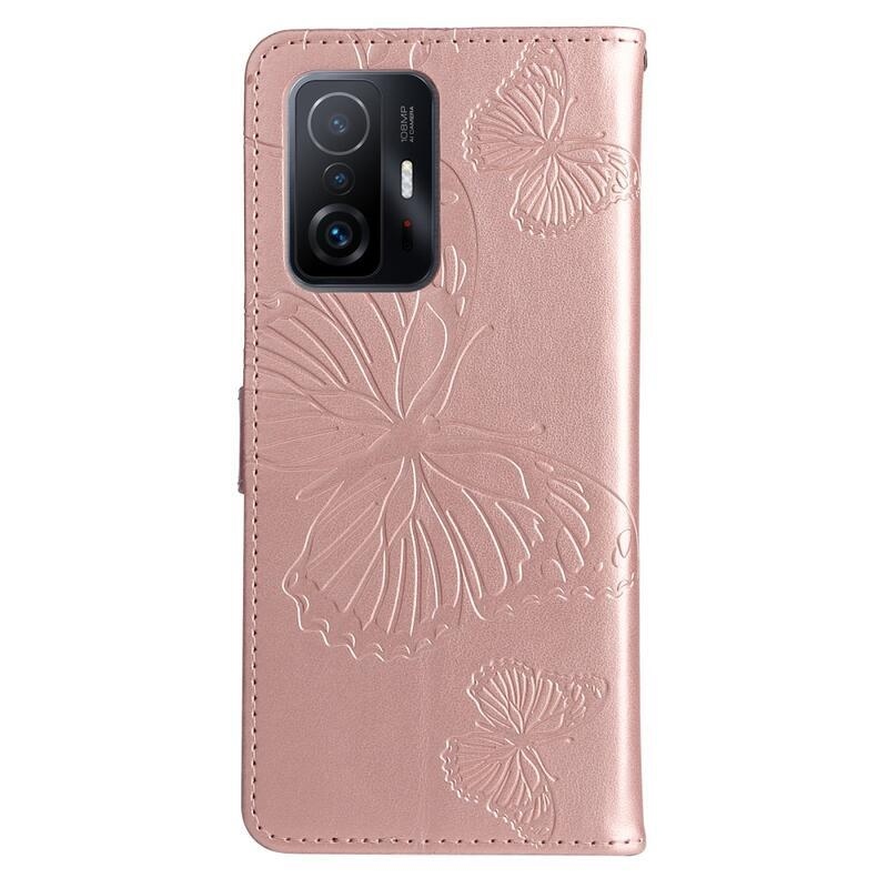 Big Butterfly PU kožené peněženkové pouzdro pro mobilní telefon Xiaomi 11T/11T Pro - růžovozlaté