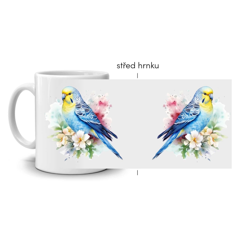 Bílý keramický hrnek 330ml s obrázkem - andulka v akvarelovém stylu