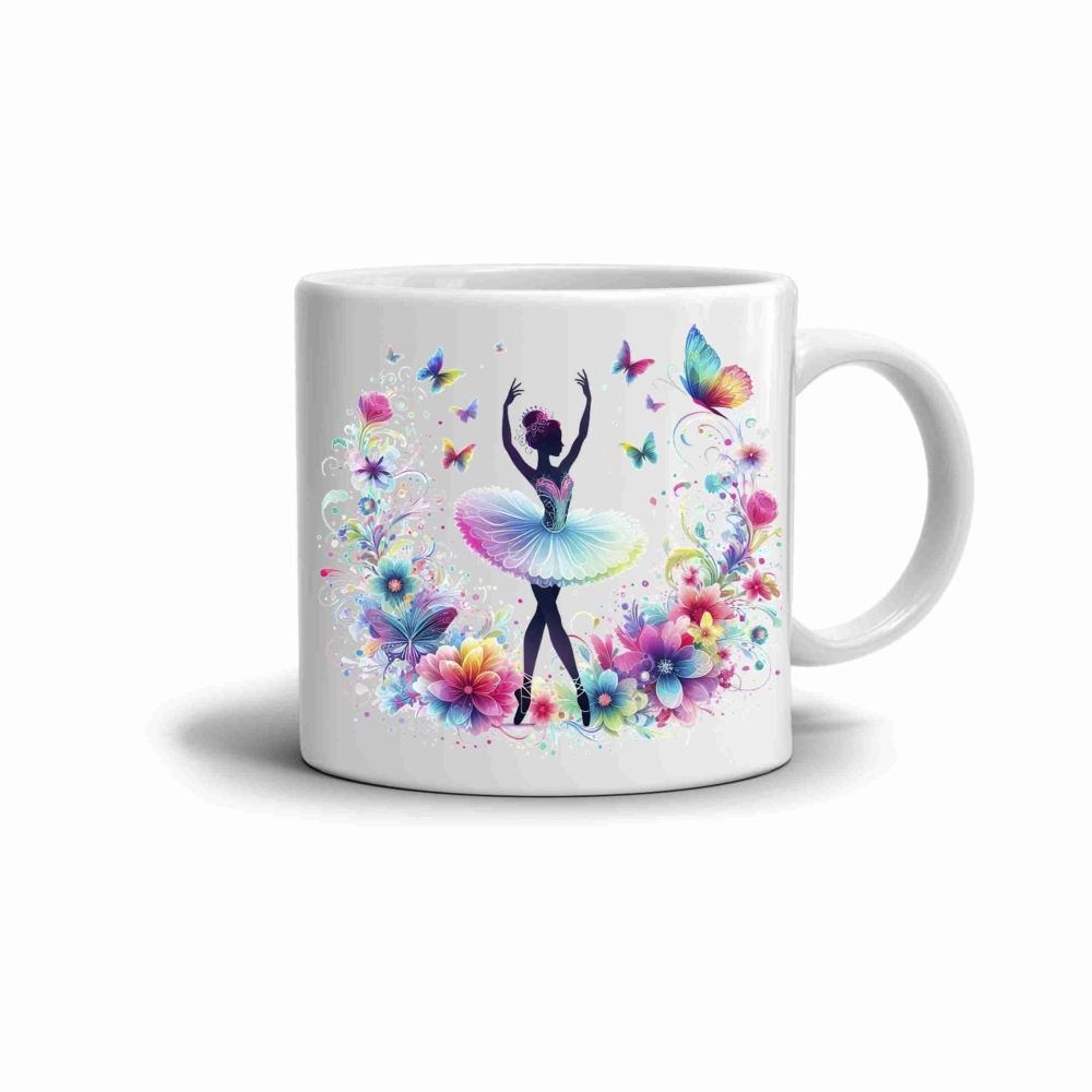 Bílý keramický hrnek 330ml s obrázkem - baletka v květech