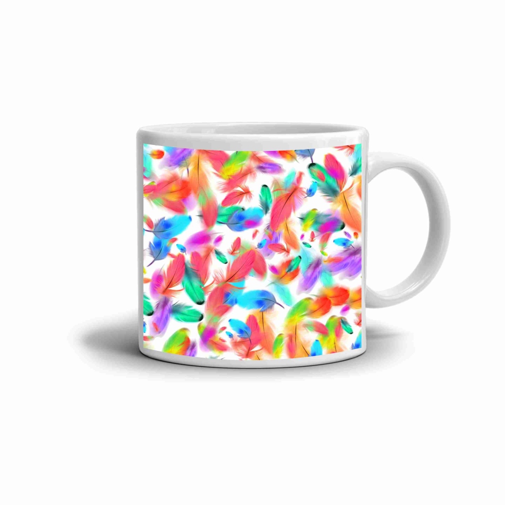 Bílý keramický hrnek 330ml s obrázkem - barevná pírka