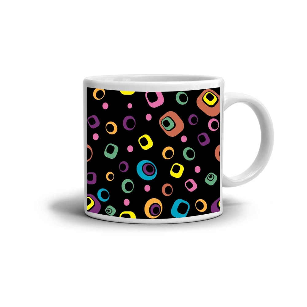 Bílý keramický hrnek 330ml s obrázkem - barevné kruhy a čtverce