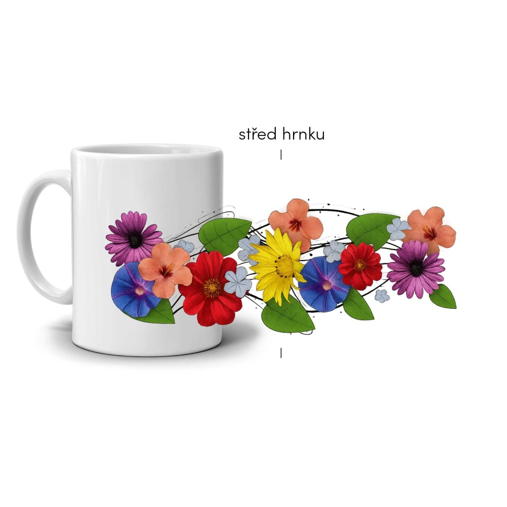 Bílý keramický hrnek 330ml s obrázkem - barevné květy