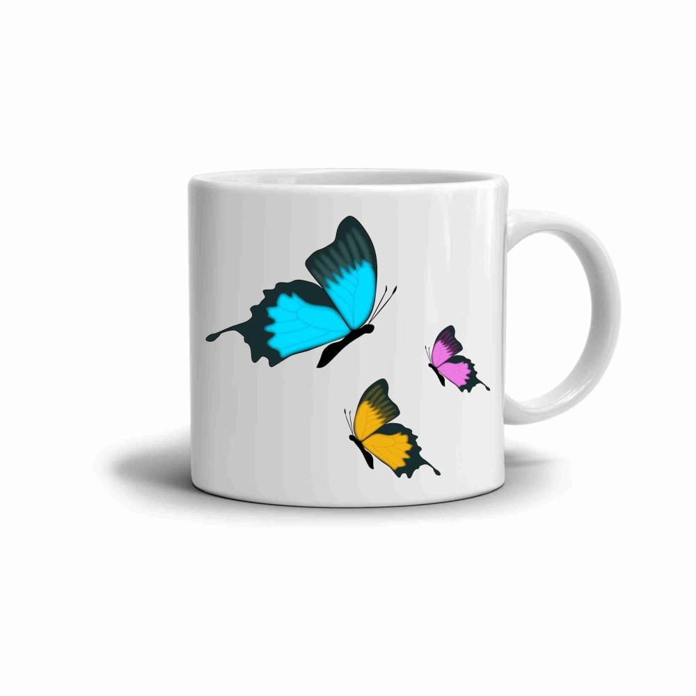 Bílý keramický hrnek 330ml s obrázkem - barevní motýli