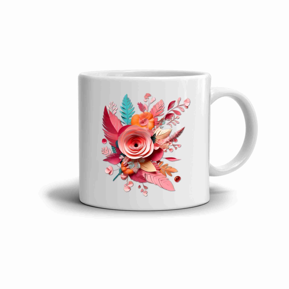 Bílý keramický hrnek 330ml s obrázkem - barevný kvítek