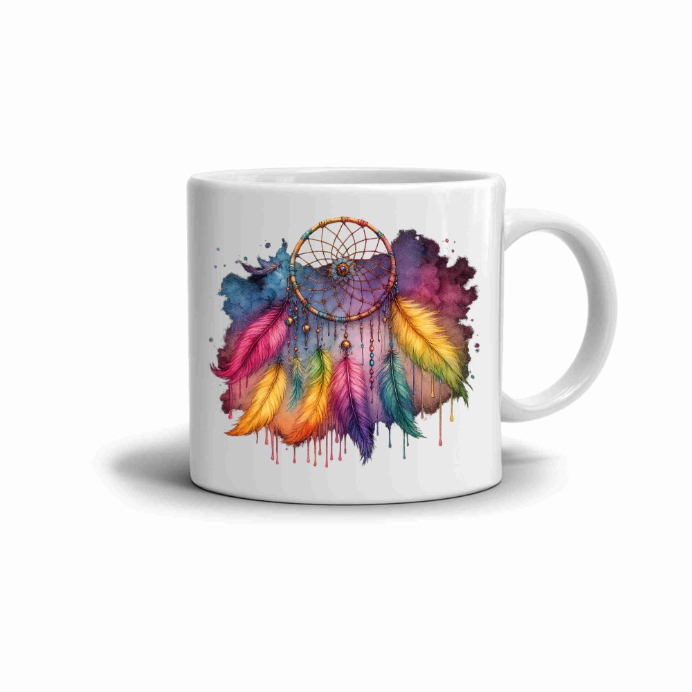 Bílý keramický hrnek 330ml s obrázkem - barevný lapač snů