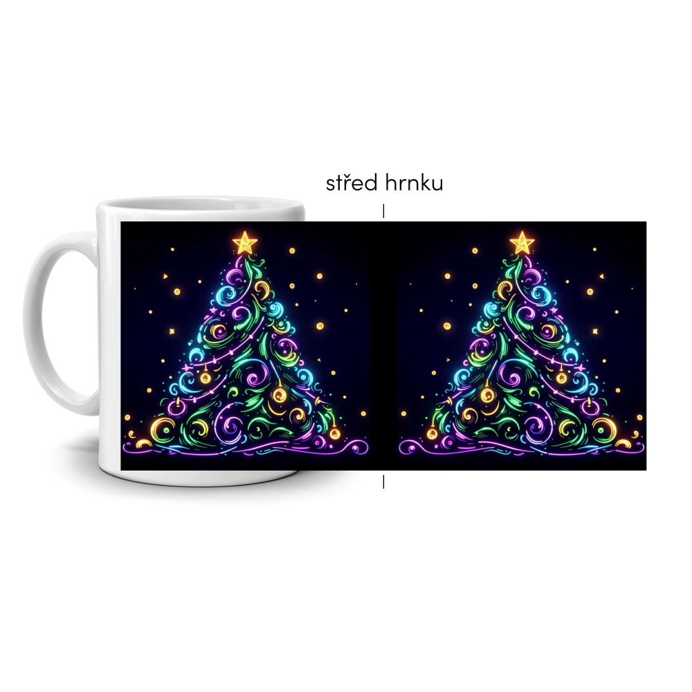 Bílý keramický hrnek 330ml s obrázkem - barevný svítící stromeček