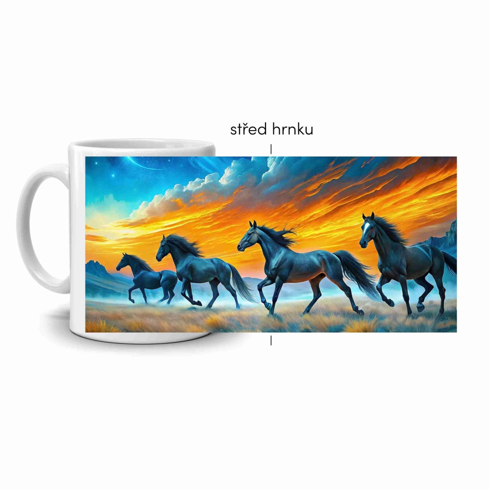 Bílý keramický hrnek 330ml s obrázkem - běh svobodných koní