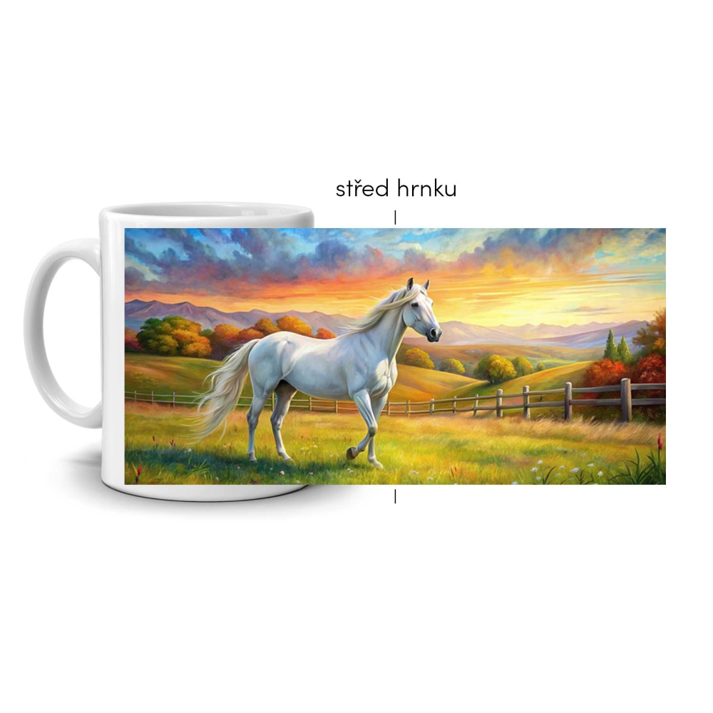 Bílý keramický hrnek 330ml s obrázkem - bílý kůň při západu slunce