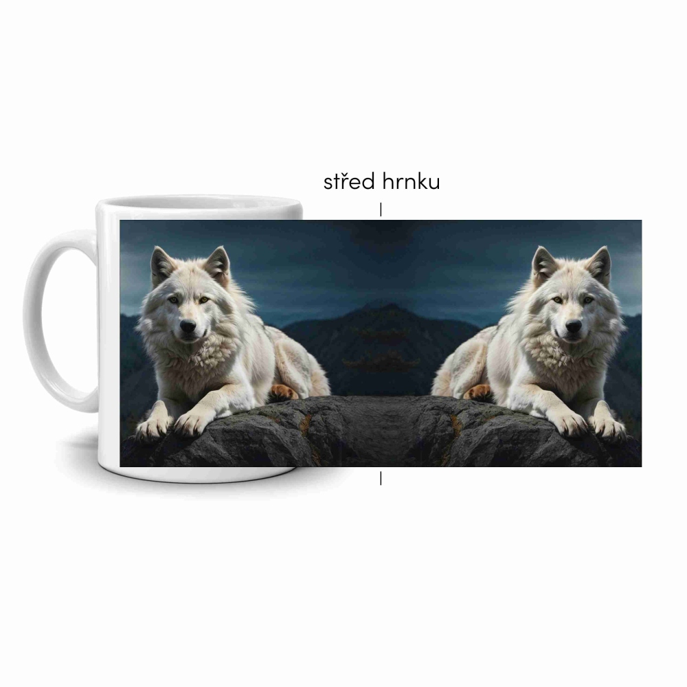 Bílý keramický hrnek 330ml s obrázkem - bílý vlk 2