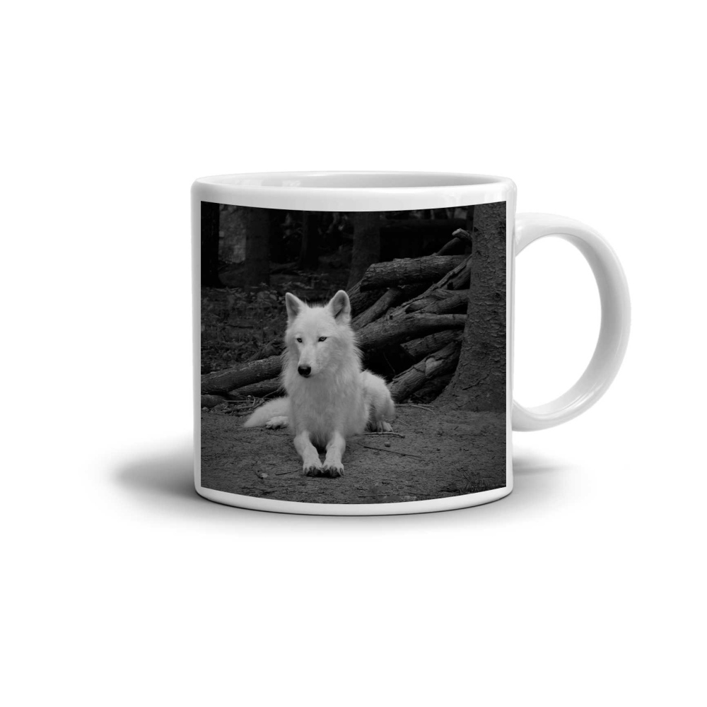 Bílý keramický hrnek 330ml s obrázkem - bílý vlk