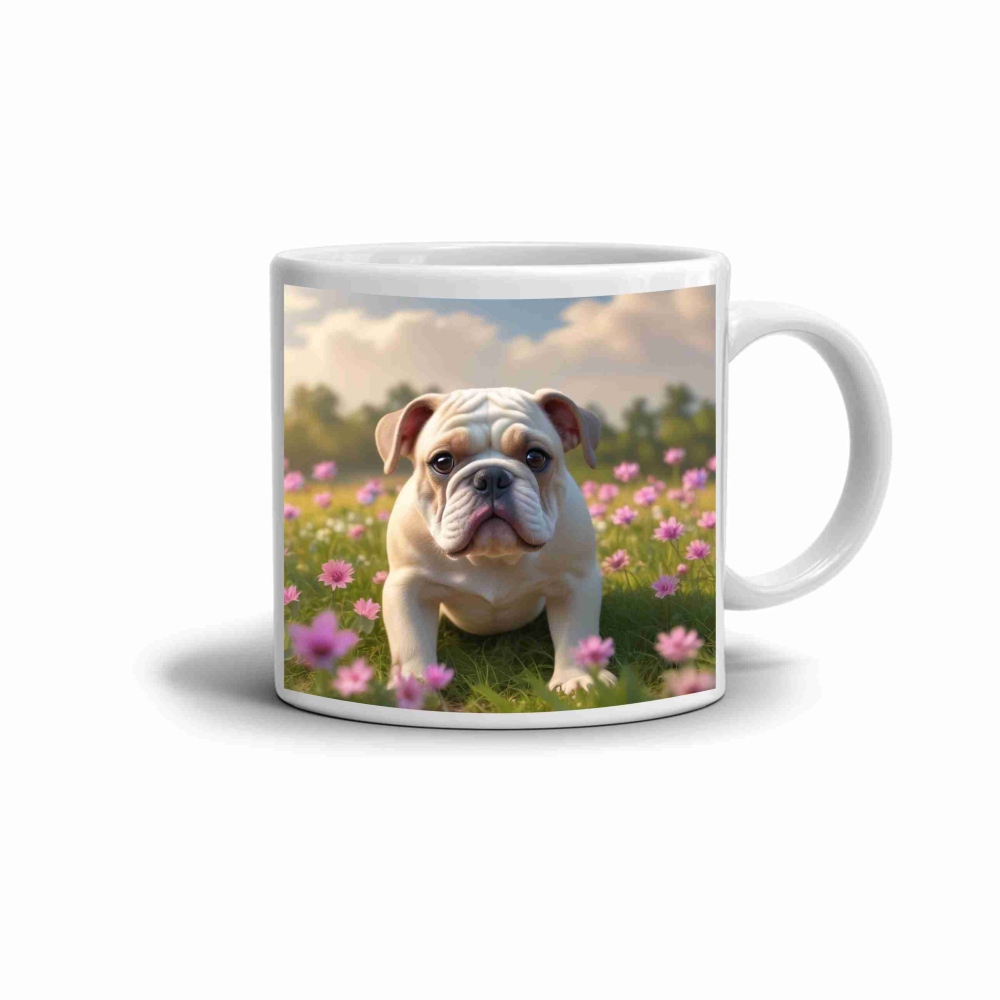 Bílý keramický hrnek 330ml s obrázkem - buldoček na louce