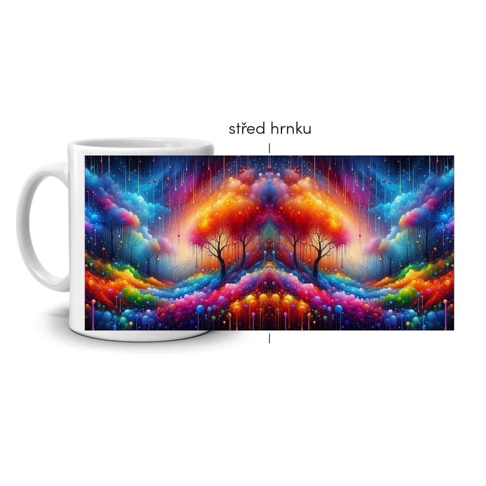 Bílý keramický hrnek 330ml s obrázkem - celoplošná barevná krajina snů