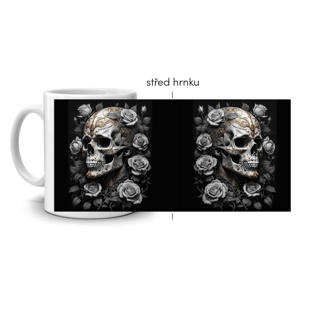 Bílý keramický hrnek 330ml s obrázkem - celoplošný motiv lebky s růžemi