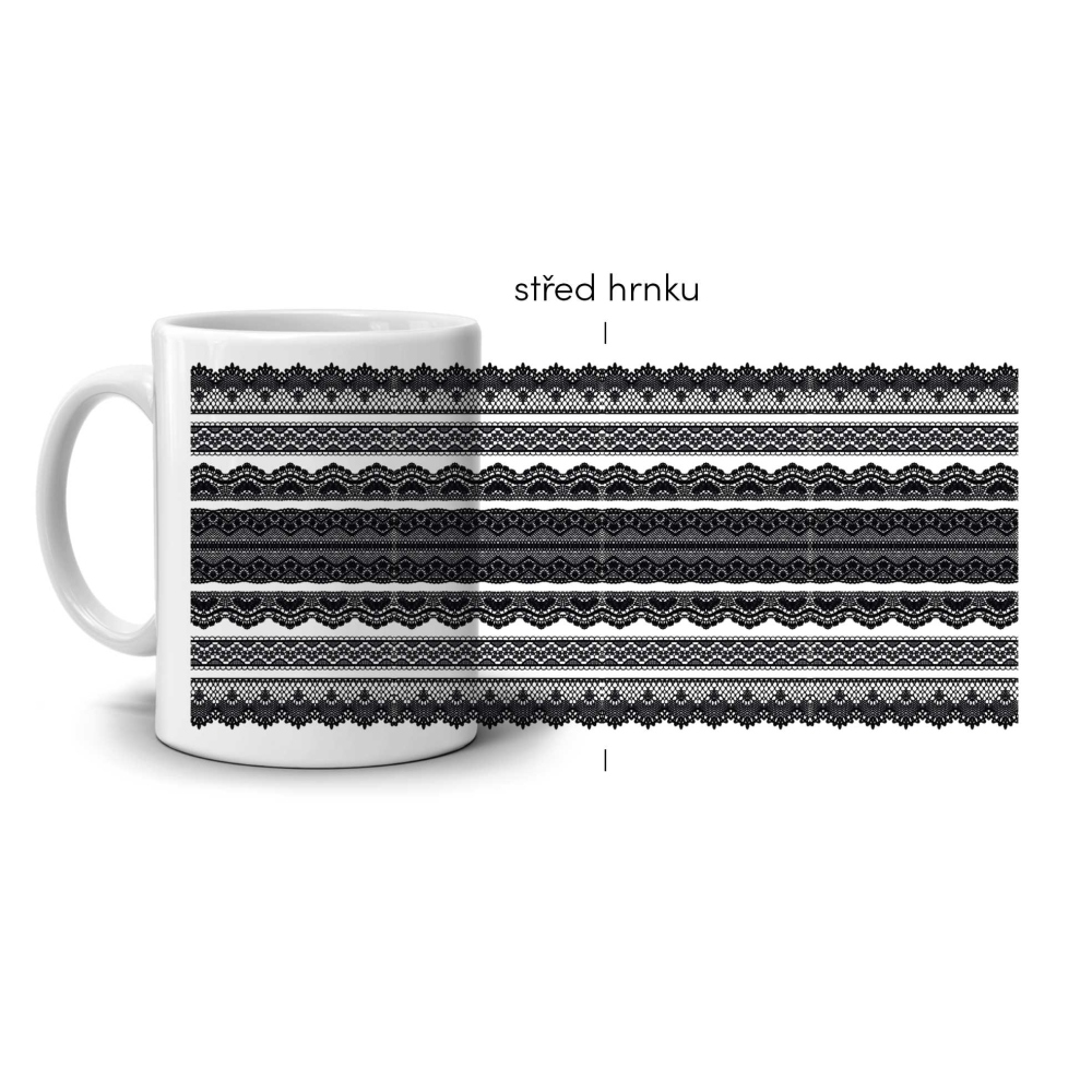 Bílý keramický hrnek 330ml s obrázkem - černý krajkový vzor